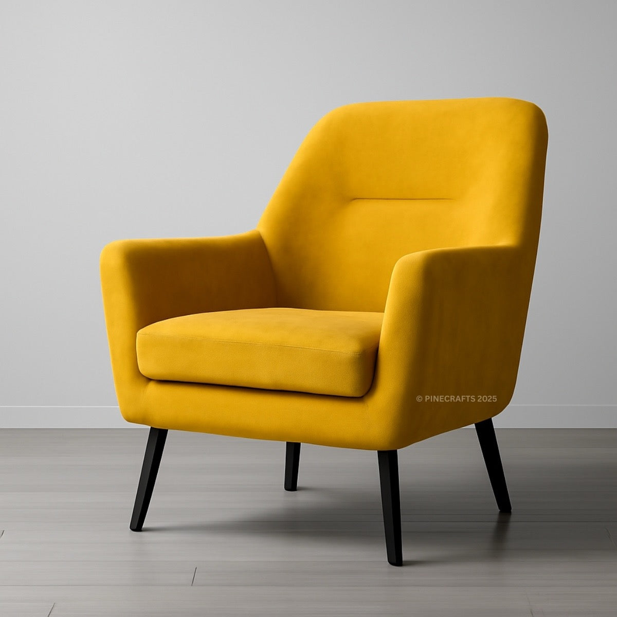 Yellow armchair with black legs on a gray floor and background